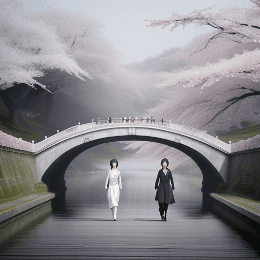 AI generated: two people walk the bridge under a large cherry blossom, in the style of atmospheric paintings, gray...