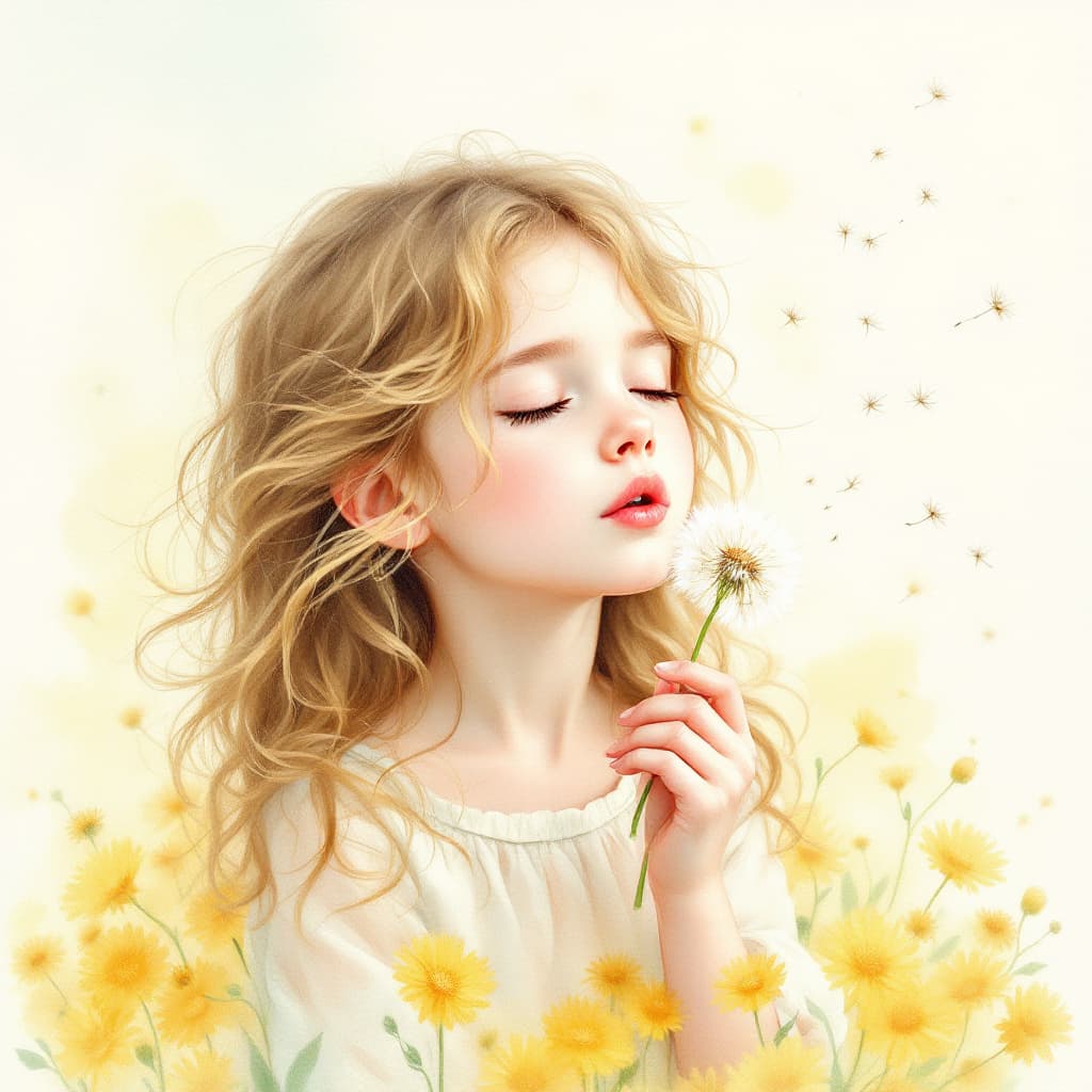AI generated: dandelions
A delicate watercolor painting of a young girl with wavy golden-brown hair, softly blowin...