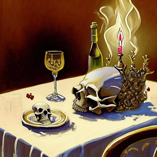 AI generated: An Impressionist painting featuring an ornate table. On the table: a skull with a laurel crown, an e...