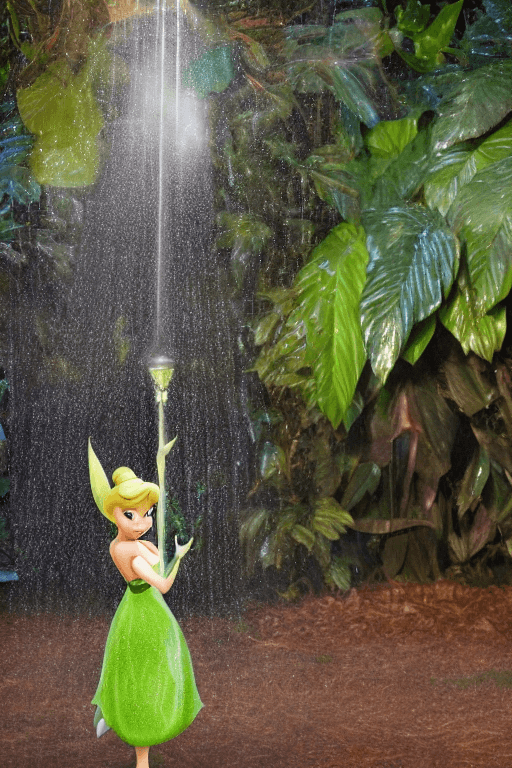 AI generated: Tinkerbell showering under a long leaf, Disney, early morning