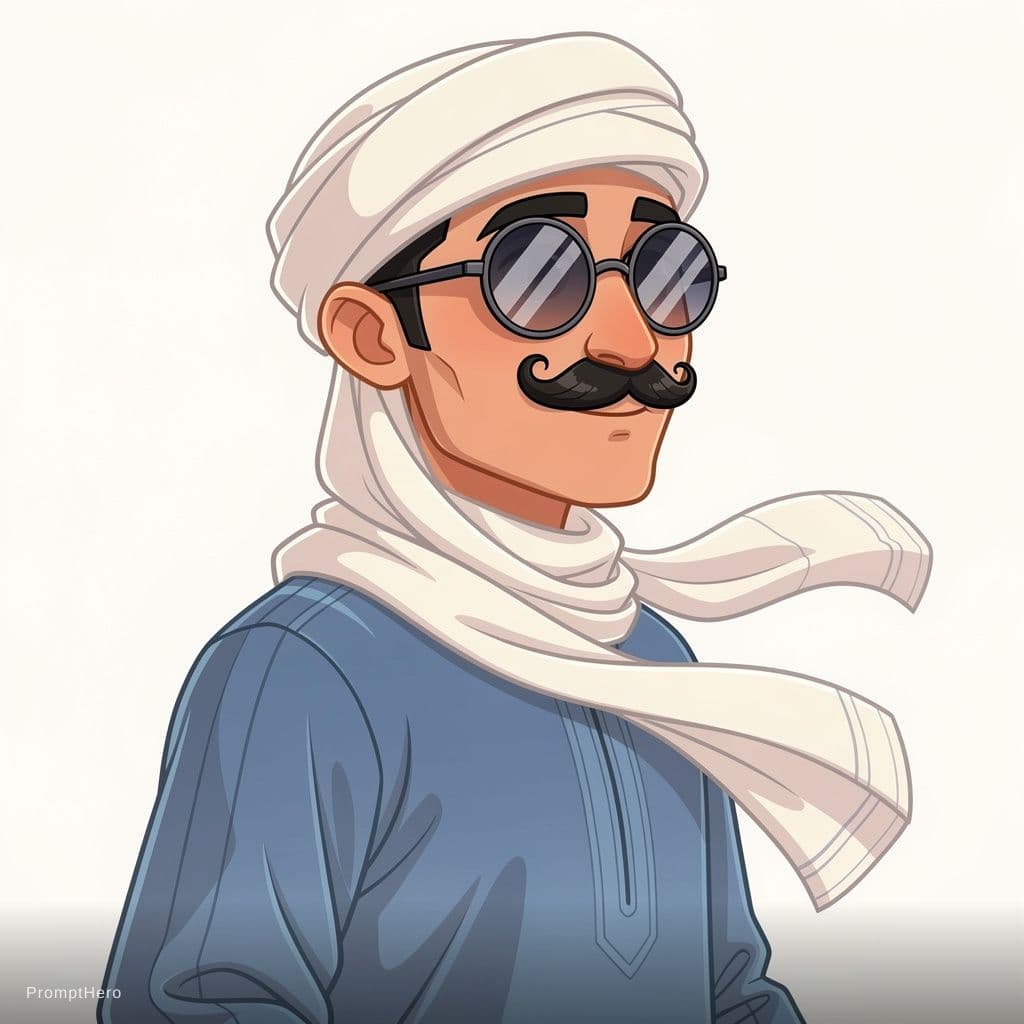 AI generated: Cartoon Sa’idi man, three-quarter view (right side dominant), light wheat skin, blue galabeya, white...
