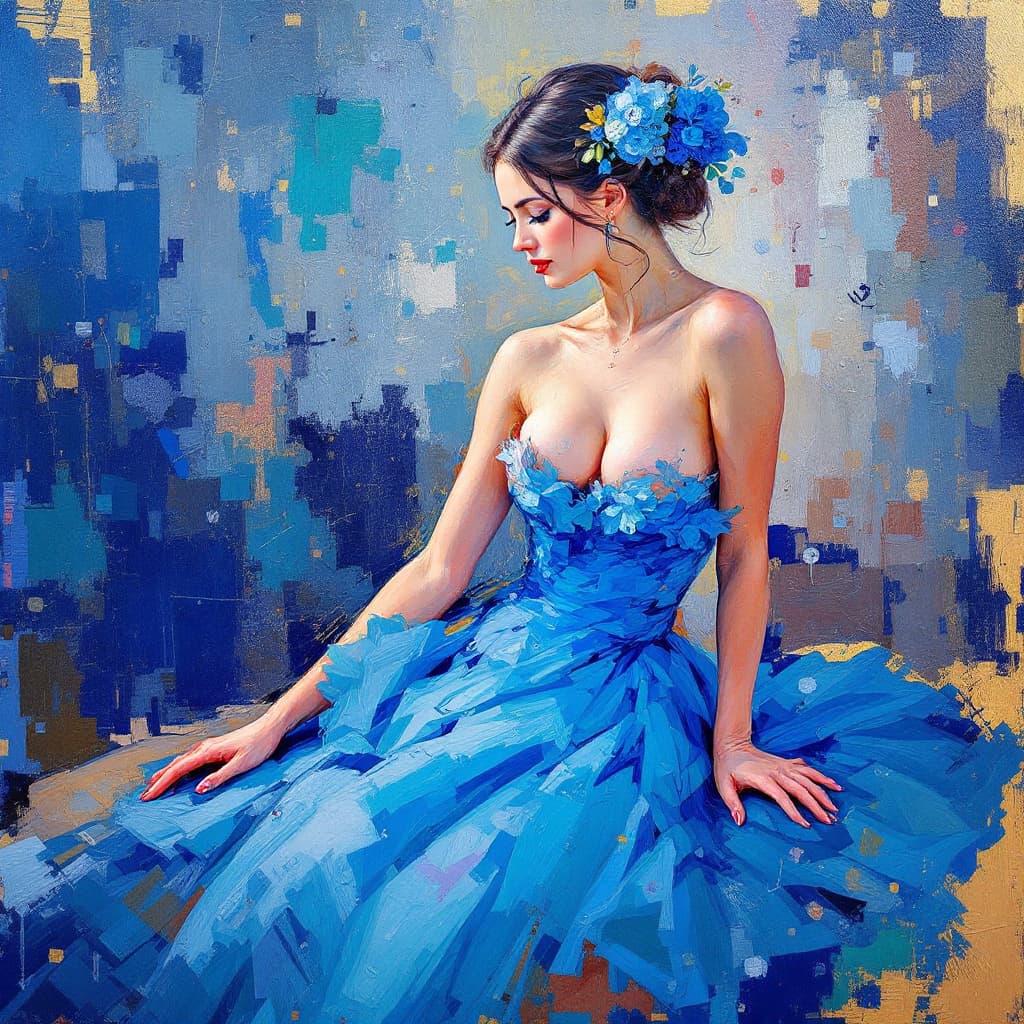 AI generated: impressionist painting of a woman wearing a blue dress, in the style of Monet, graceful movements, d...