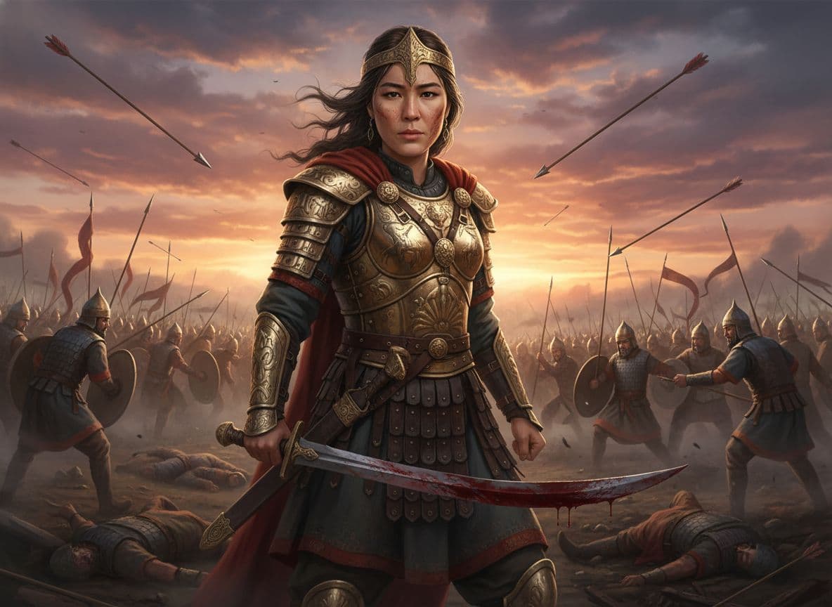 AI generated: Create a realistic digital artwork of Queen Tomyris, the ancient warrior queen of the Massagetae, st...