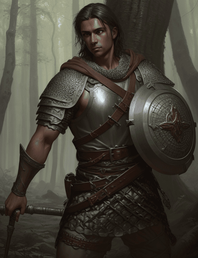 AI generated: young tanned male cleric with hammer and chainmail, in forrest with resolute face, by Greg Rutkowski...