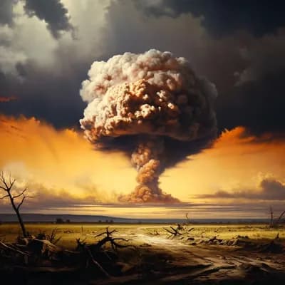 AI generated video: A mushroom cloud rises into the sky from an atomic explosion, clouds in the sky move 