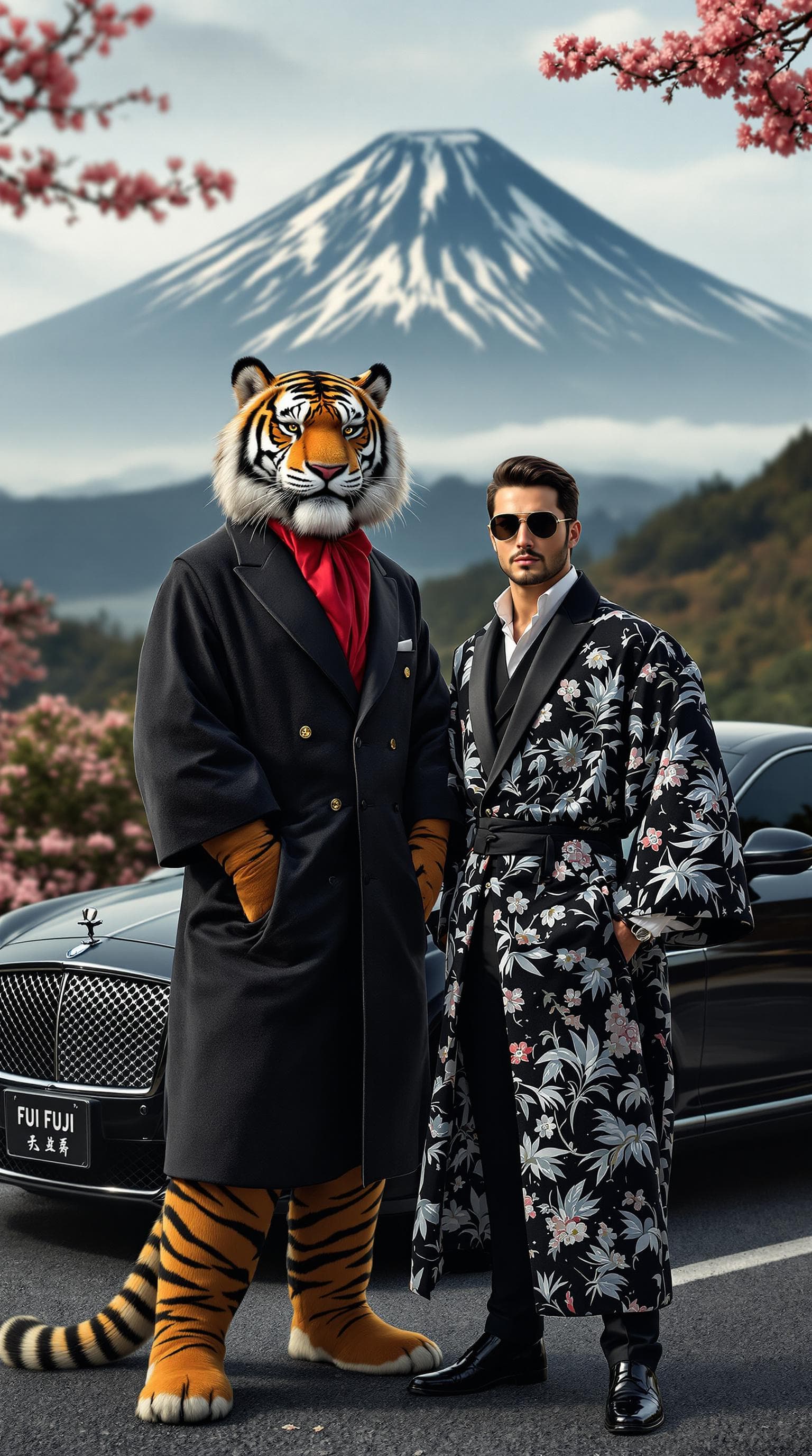AI generated: Un tigre anthropomorphe en smoking noir avec une cravate rouge, debout aux côtés d’un homme élégant ...