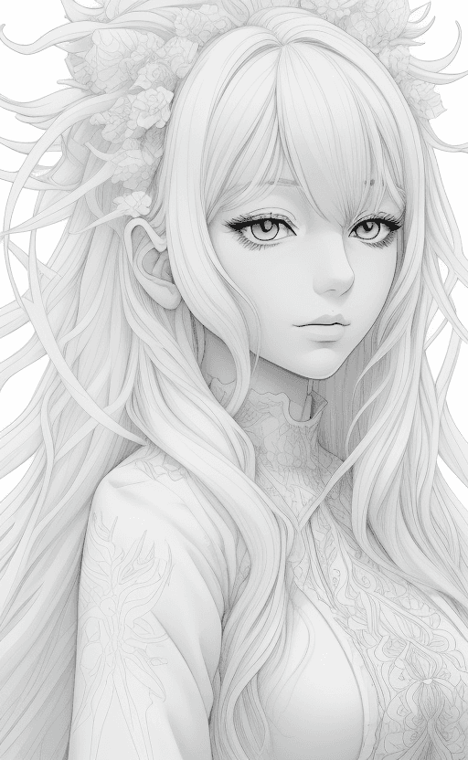 AI generated: coloring page Anime portrait clean line art, black pen line high detail,,wild dynamic white hair, wo...