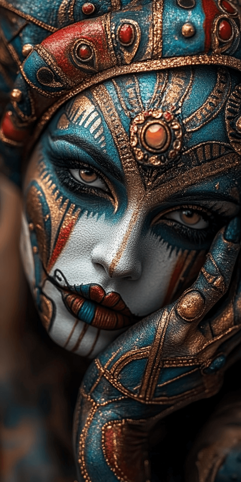 AI generated: beautiful red, blue and gold makeup on a woman, in the style of venetian scenes, hyperrealistic scul...