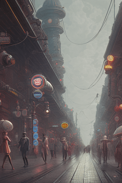 AI generated: A retro-futuristic 19th century city street, strange beings with bright black heads and highly artic...