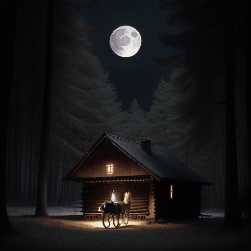 AI generated: Full Moon,dark forest ,a horse rider,few wooden homes