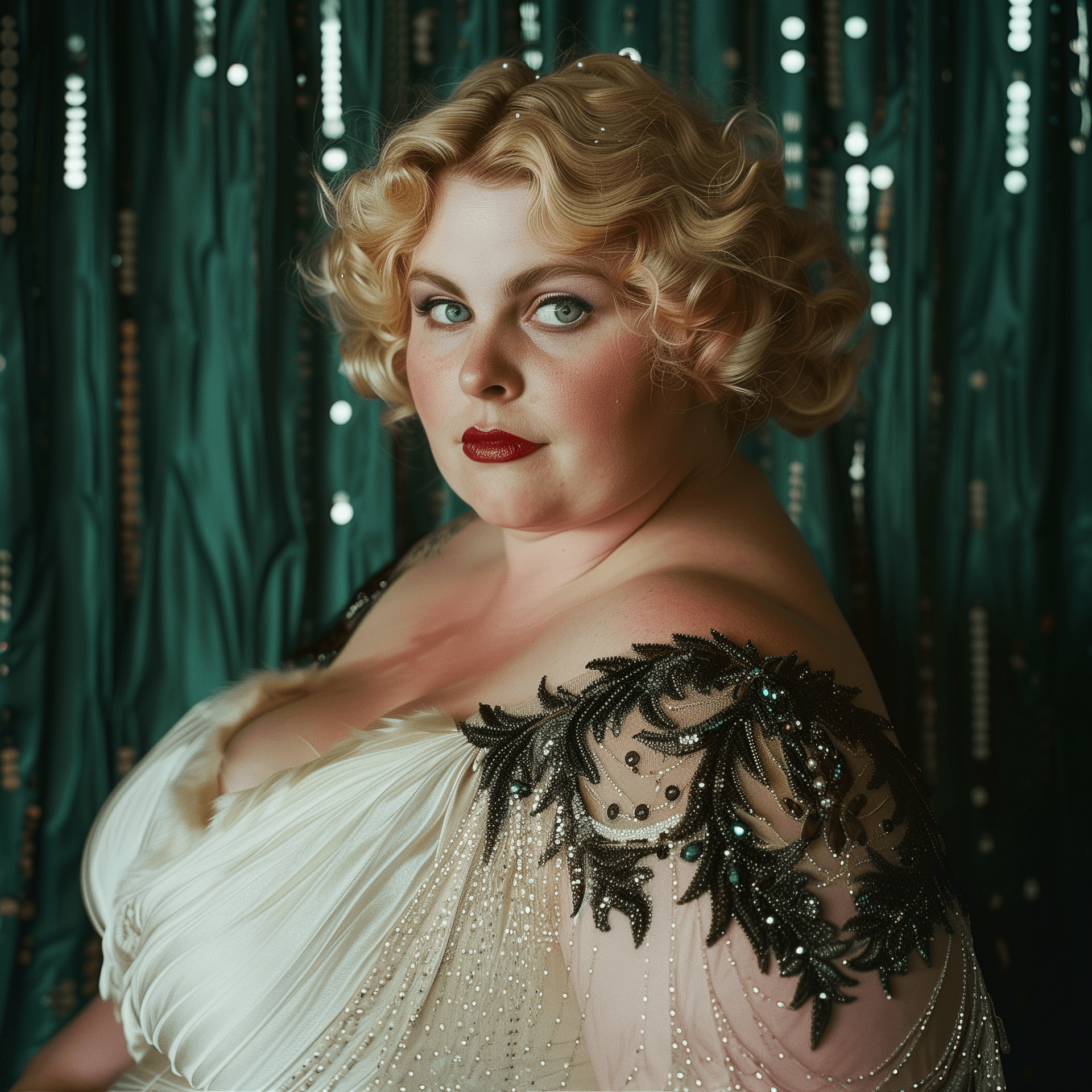 AI generated: A photograph of an overweight woman with blonde hair and blue eyes, wearing a white dress adorned wi...