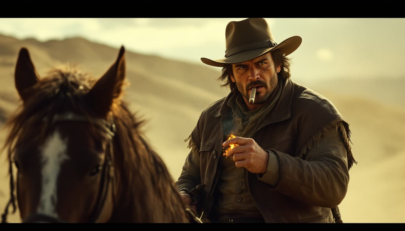 AI generated: george bull, same style, same color, desert , cinematic, dust, grain, burning cigar, leather gilet, ...