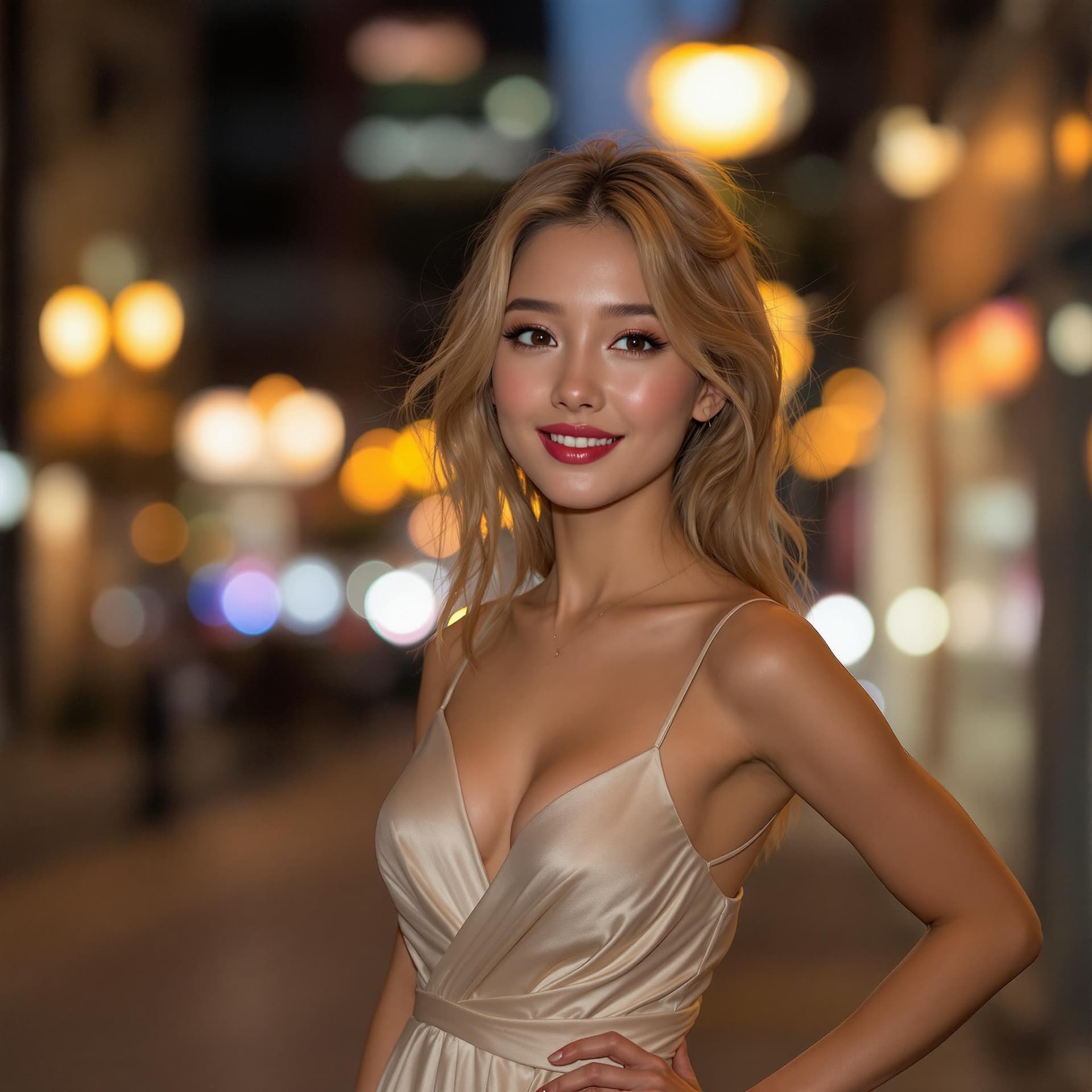 AI generated: A young asian woman in her early twenties, a captivating blonde, stands elegantly in a long, dress t...