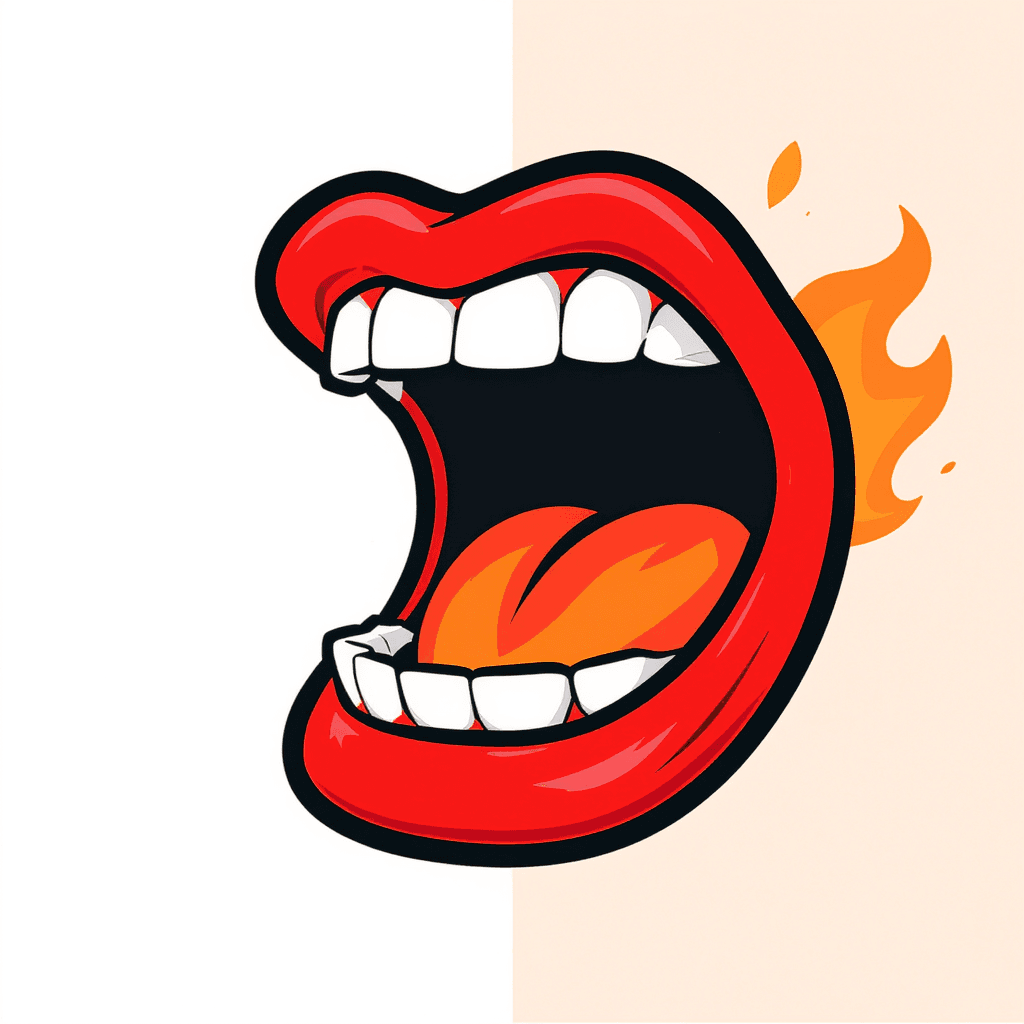 AI generated: A bold, simplified cartoon mouth viewed from the side, wide open as if about to eat something. The m...