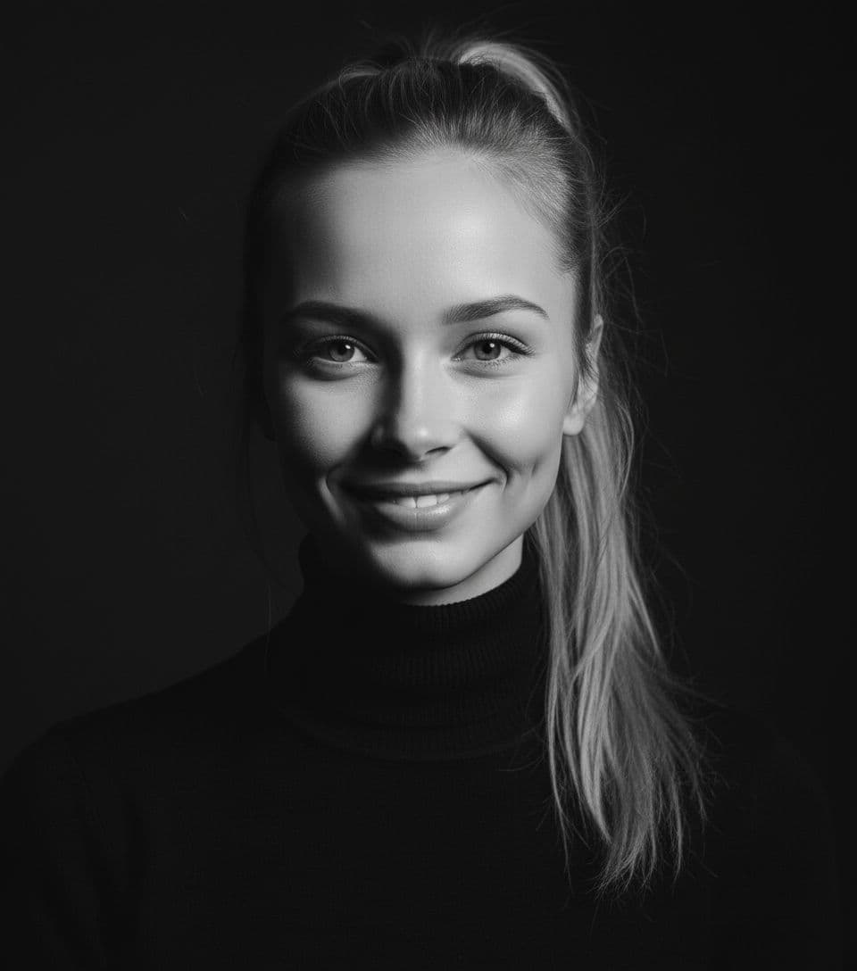 AI generated: Headshot portrait of a young blonde woman with a ponytail, wearing a black turtleneck sweater, looki...