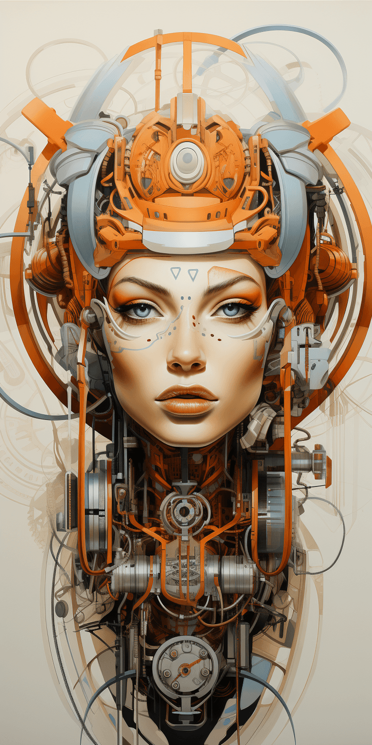 AI generated: beautiful female with a futuristic looking face, in the style of fantastical contraptions, tradition...