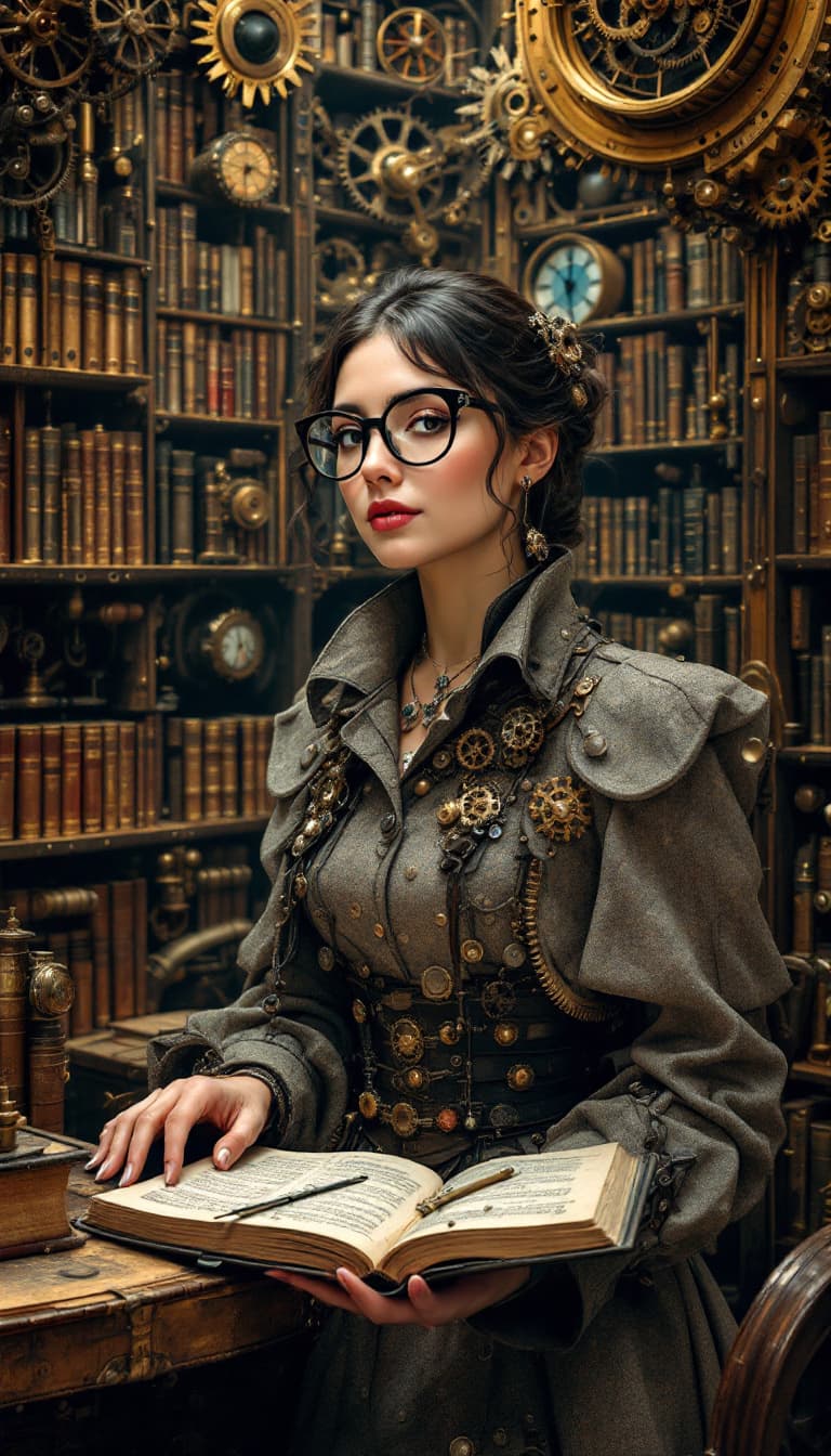 AI generated: Narrative Portrait: The Clockwork Librarian, a highly detailed, photorealistic portrait of a woman a...