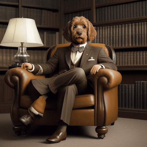 AI generated: A brown labradoodle dog, sat in a three-piece suit, in an armchair.  He is sitting in a library taki...