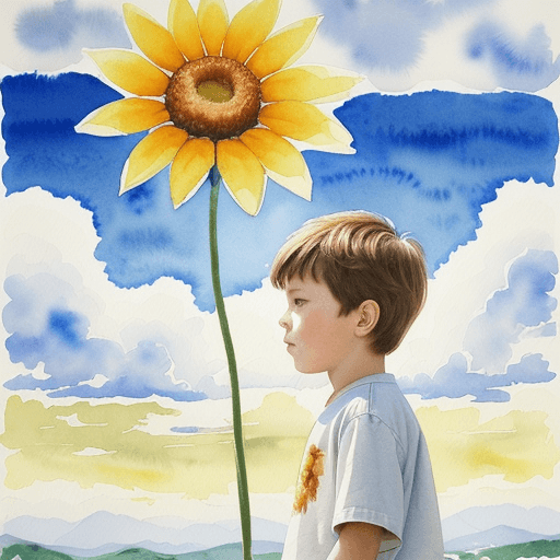 AI generated: watercolor painting of one kid, sunshine, lovely, gardern, flower, vast sky, cloudy
