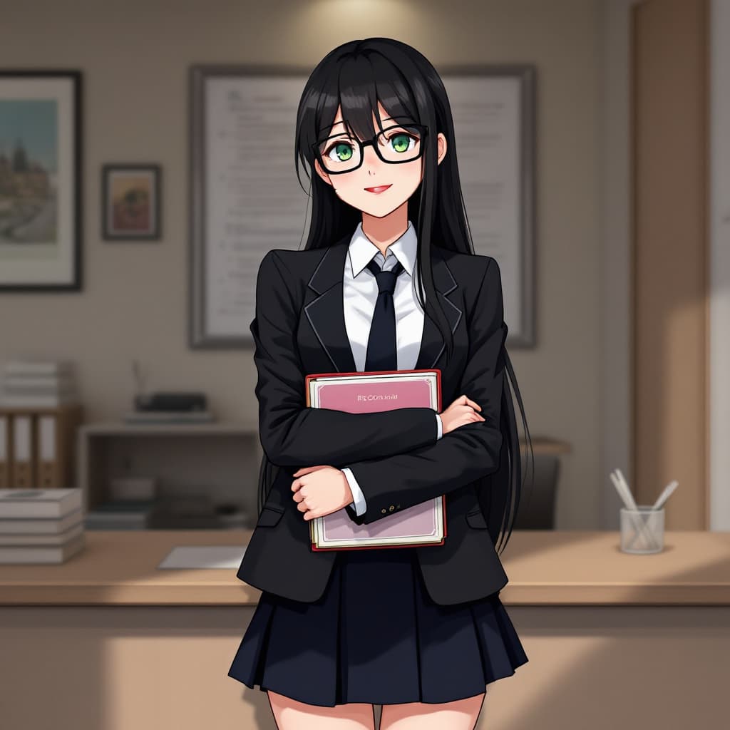 AI generated:  woman, black hair, long hair, green eyes, black glasses, red lips, white shirt, black tie, black bl...