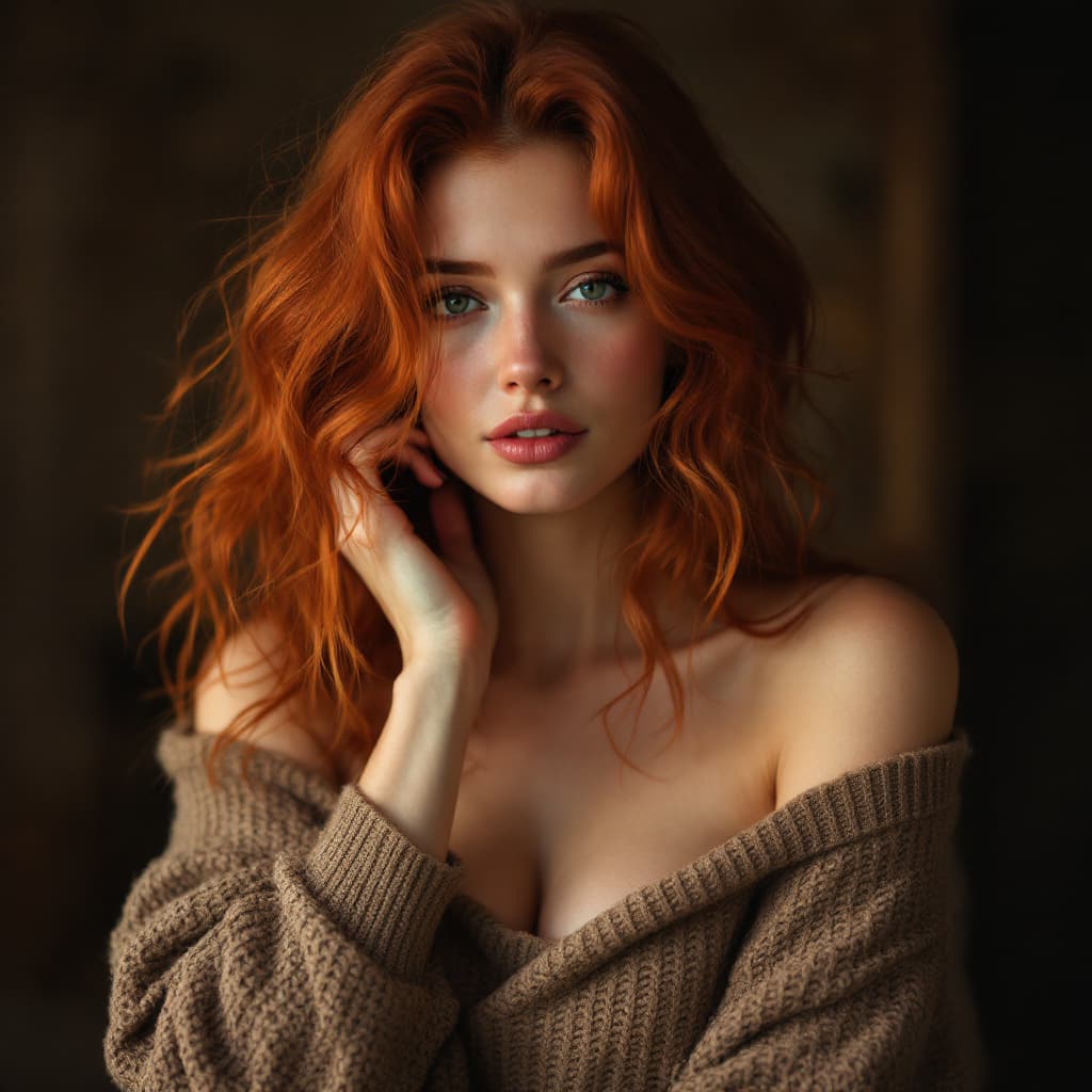 AI generated:  In high definition, surreal, psychedelic, and trippy A woman with wavy red hair, wearing an off-sho...