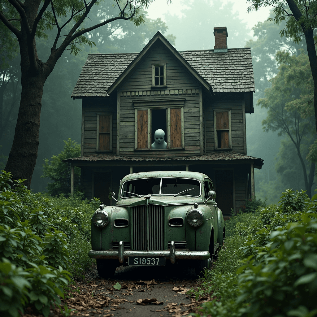 AI generated: 

shaped as a old house in an overgrown park. The windows in the house are boarded up with wooden ...
