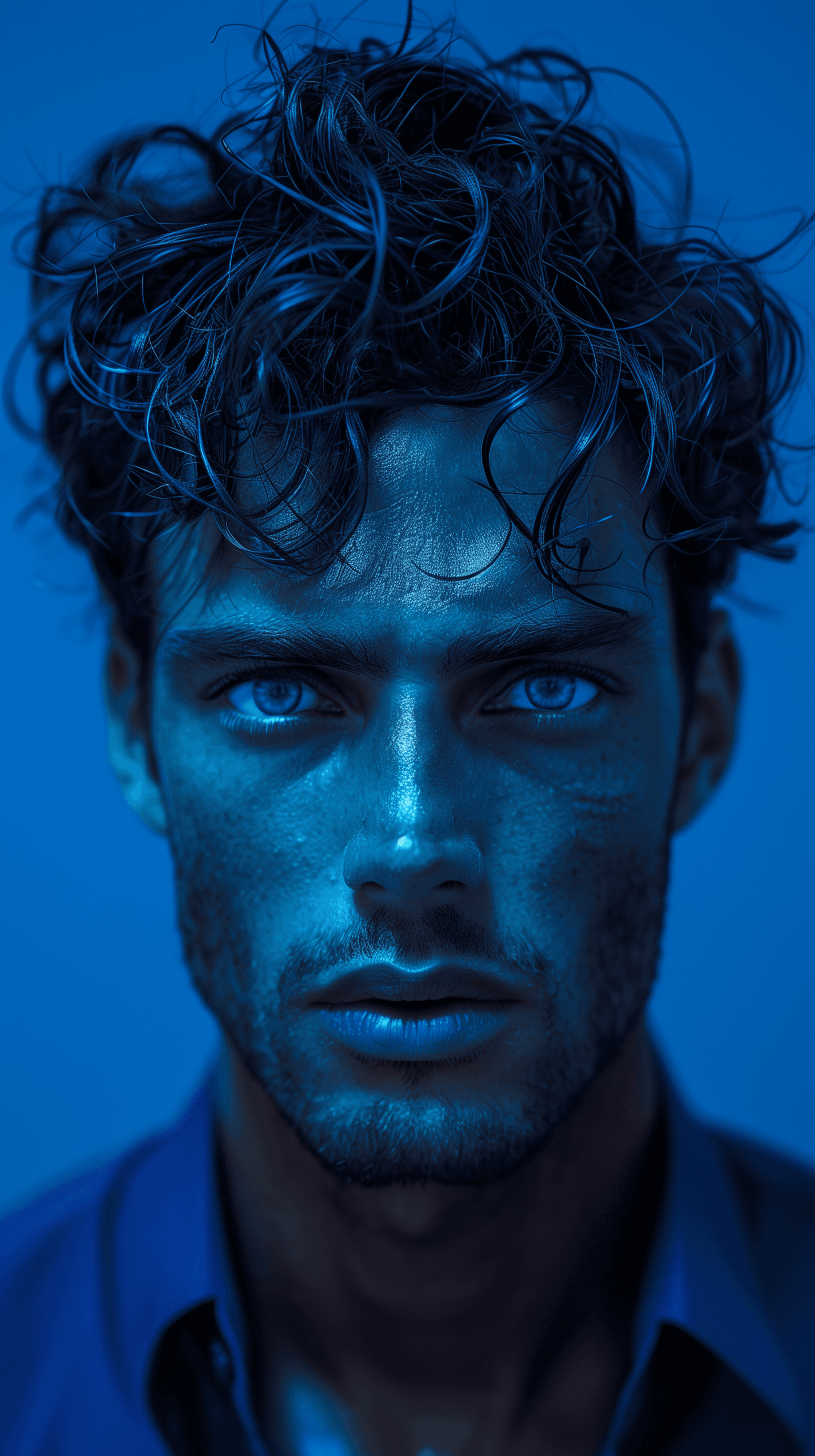 AI generated: photography, front, gaze, portrait, contrast, profile silhouette of a man against a vibrant deep blu...