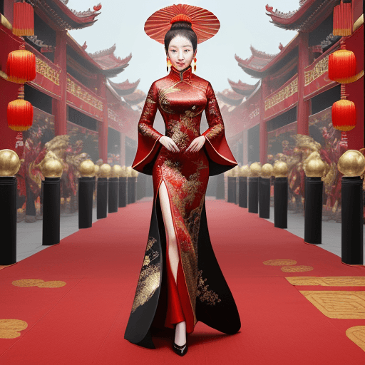 AI generated: create a image of The red carpet walking way is set in an outdoor CBD fashion show with a lunar new ...