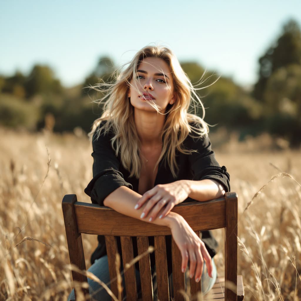 AI generated: female,The image features a beautiful blonde woman sitting on a wooden chair, wearing a black shirt ...