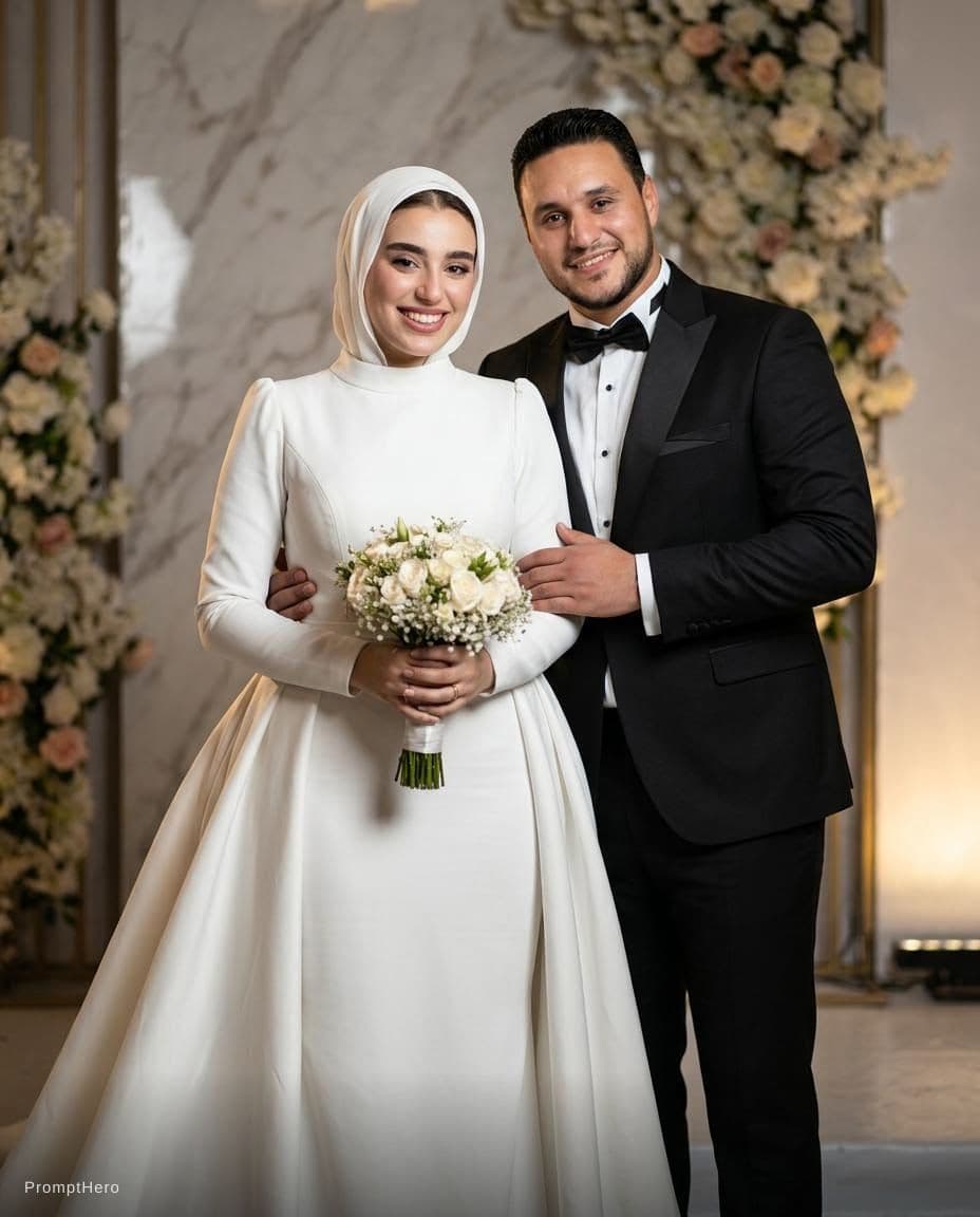 AI generated: Ultra-realistic luxury wedding portrait of a stylish bride and groom in an elegant studio setting, c...