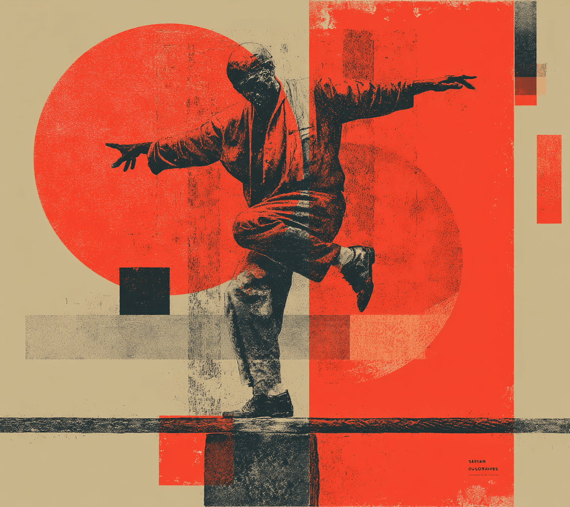 AI generated: Elongated figure tightrope walking arms outstretched balancing precariously, Modernist folk print po...