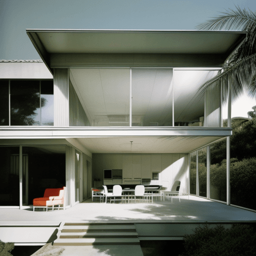 AI generated: Hyper realistic eye level exterior photo of a mid century modern style house overlooking the ocean, ...