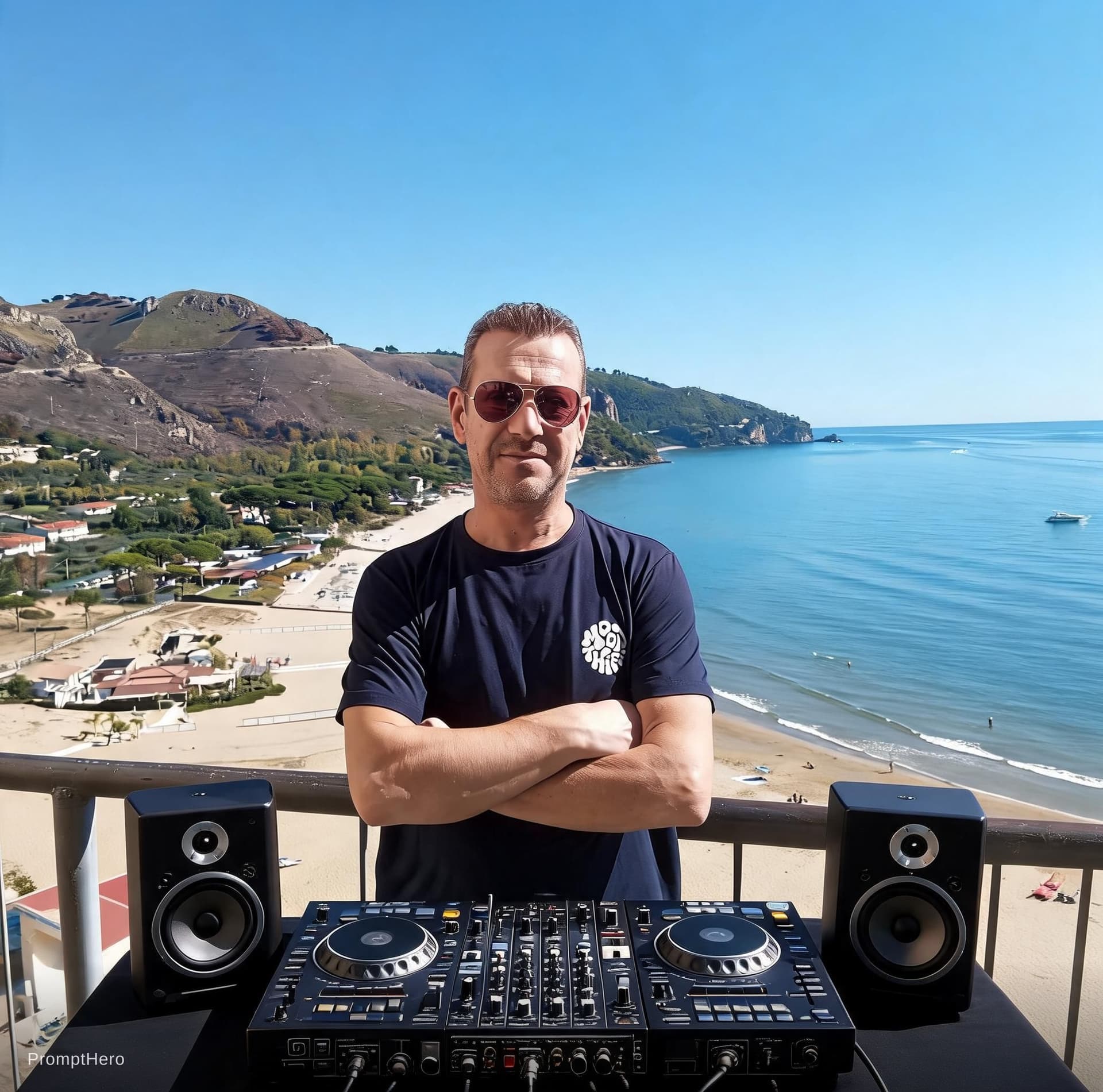 AI generated: Virtual dj in front of mixer and speakers on table