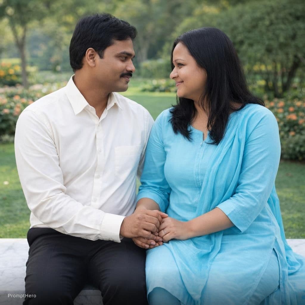 AI generated: female in light blue plain panjabi, men in off white  shirt on marbel bench in garden , “Holding eac...