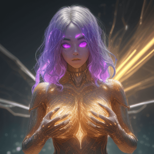 AI generated: Hyper detailed goddess with skin made of liquid metal (Cyberpunk style) on a futuristic beach, a gol...
