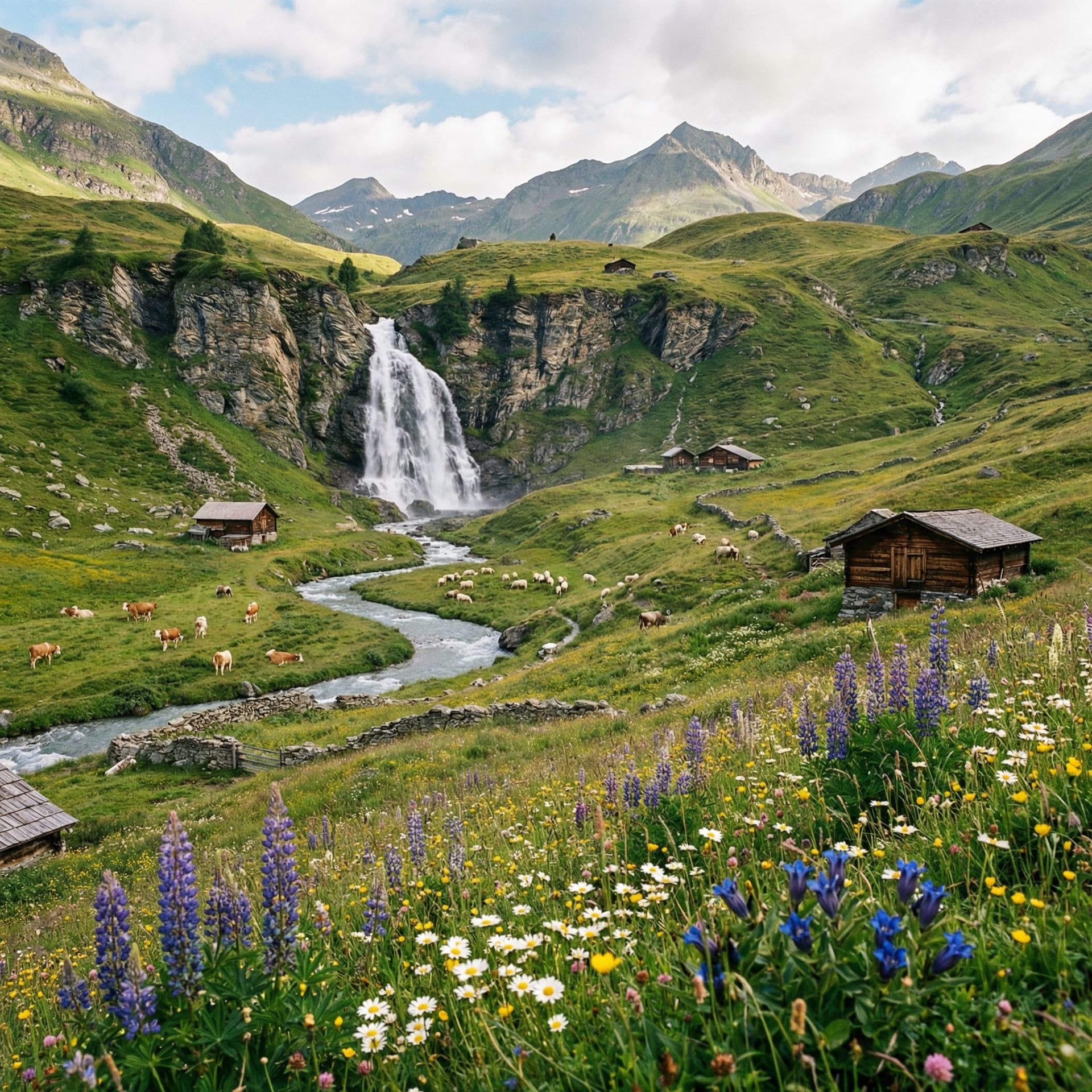 AI generated: un paysage de moyenne montagne, avec des fleurs, des paturages, une cascade
