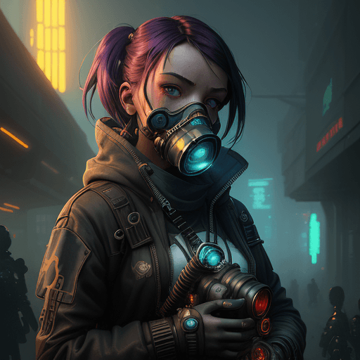 AI generated: girl wearing cyberpunk gas mask, Cyberpunk Colors, Cyberpunk Style, fantasy art by greg rutkowski, l...