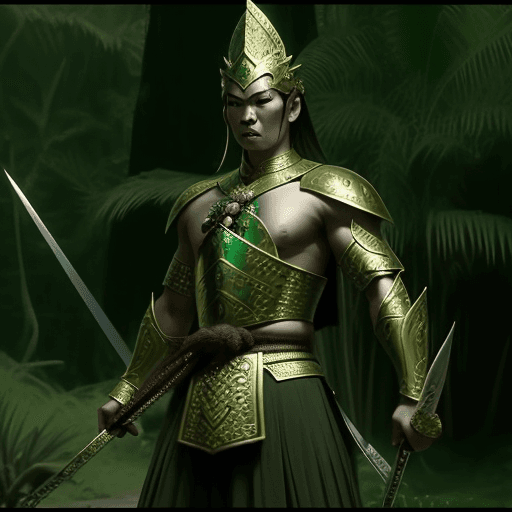AI generated: DVD screengrab from a dark fantasy film, ancient burmese warrior, standing in epic pose, fighting wi...
