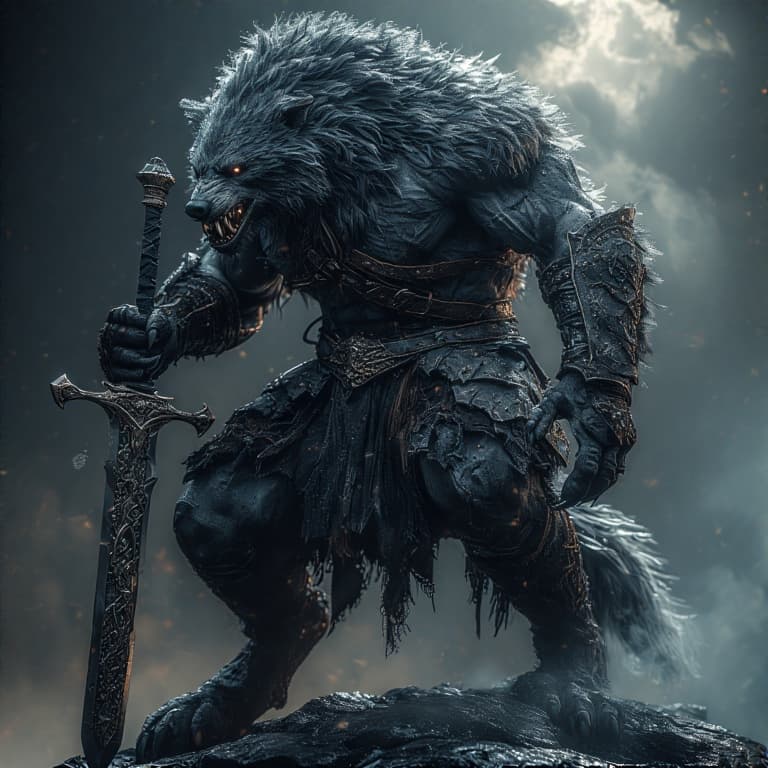 AI generated: full body shot, blaidd the wolfman from elden ring, wolfman , big sword, dark armor, intricate detai...