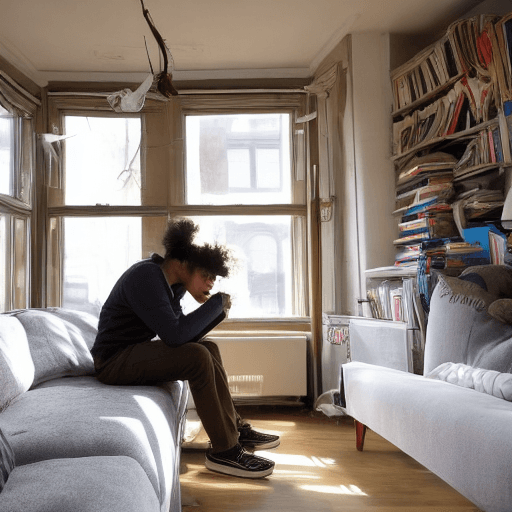 AI generated: A 22-year-old man is sitting on the sofa in his living room. The sun is shining in the back window a...