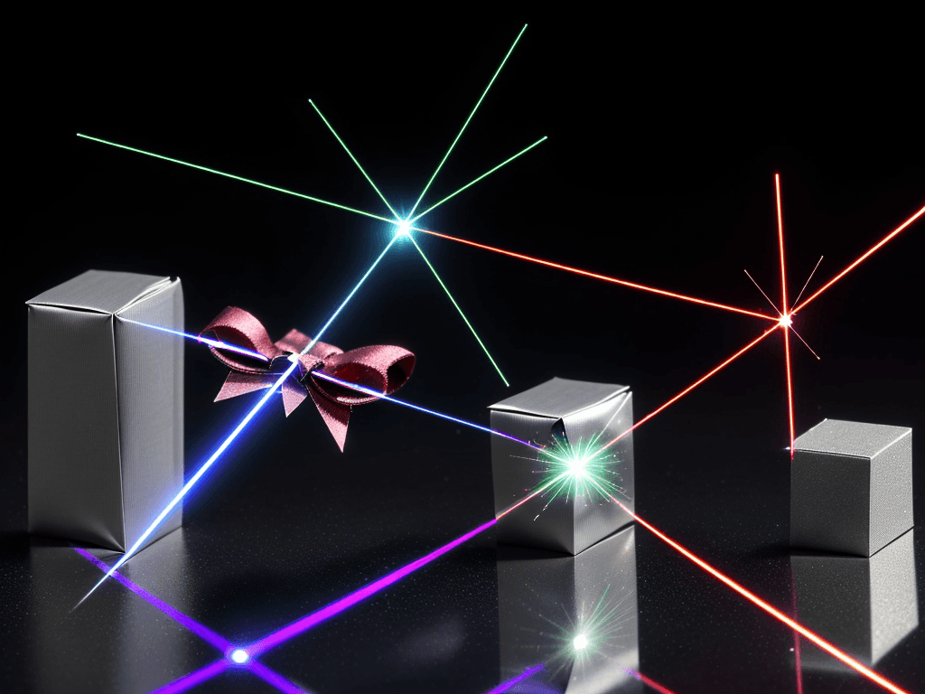 AI generated: one laser beam hits the center of the metal square from the point of contact small gift boxes with b...