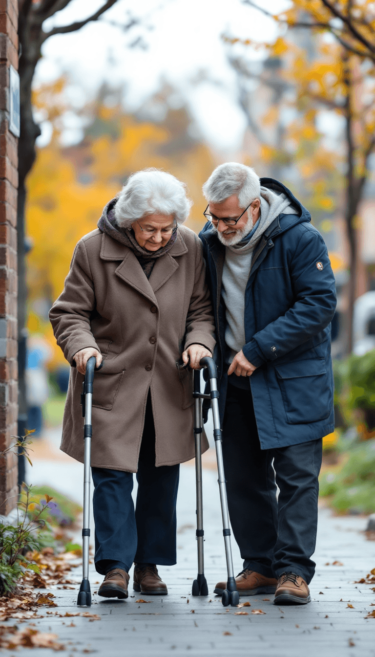AI generated: Everyday companion: The picture is intended to show help for senior citizens: A young man accompanie...