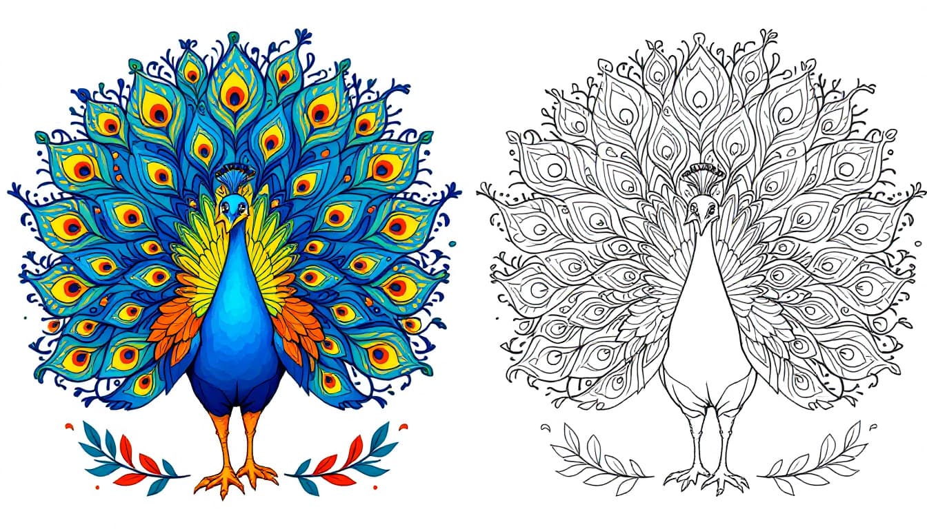 AI generated: Generate an image with a colored illustration of 'majestic peacock spreading its feathers' on the le...