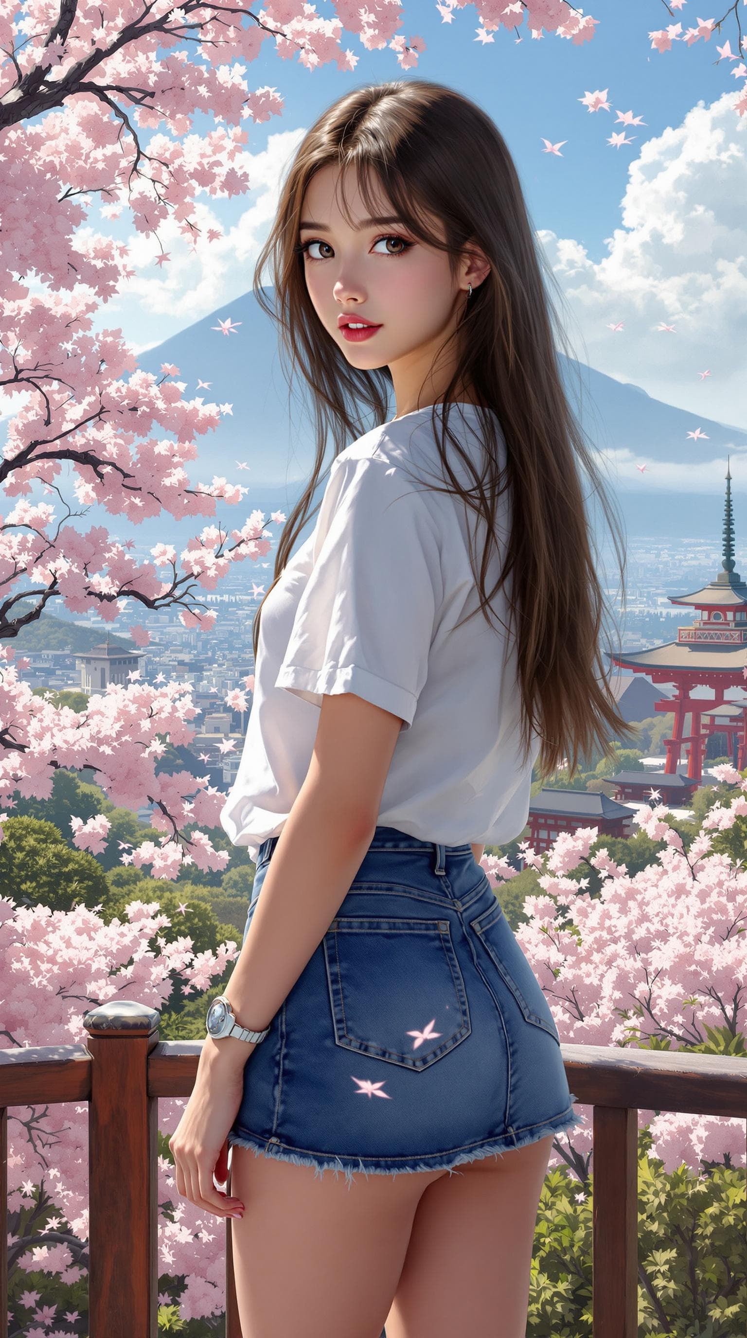 AI generated: Photorealism Painting of a girl, long hair, looking at viewer, wearing a casual clothes, short sleev...