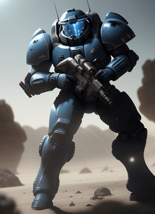 AI generated: Ultra-realistic space marine, wearing futuristic power armor, wielding a plasma rifle, in dynamic ac...