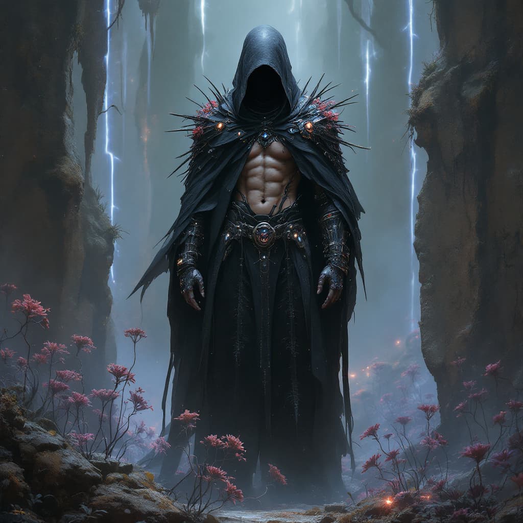 AI generated: Full height Portrait of young cyber driad gloomy, villain, centered portrait, predatory pikes even n...
