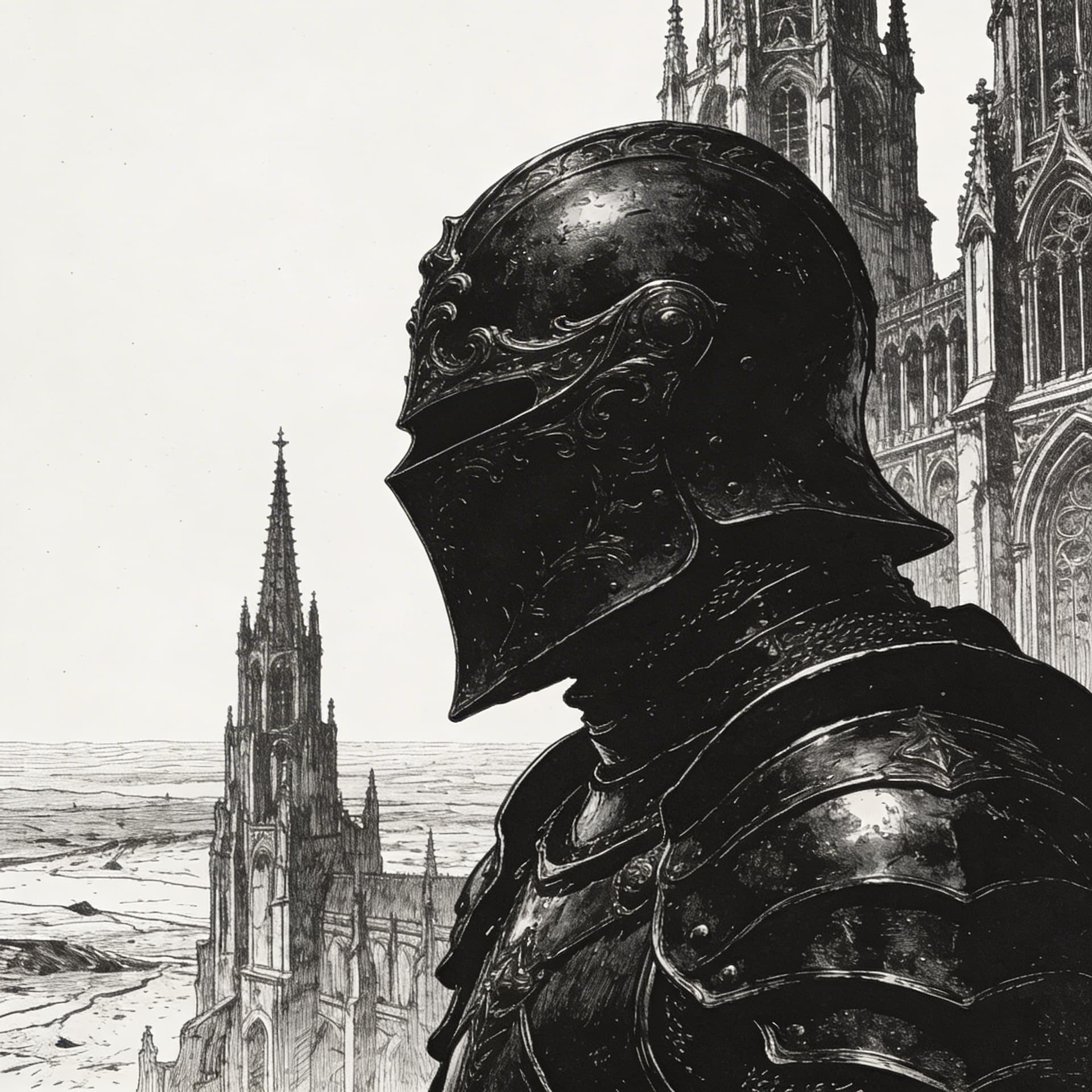 AI generated: Close-up profile shot of a knight's head and neck, wearing pitch-black matte plate armor, ornate dar...