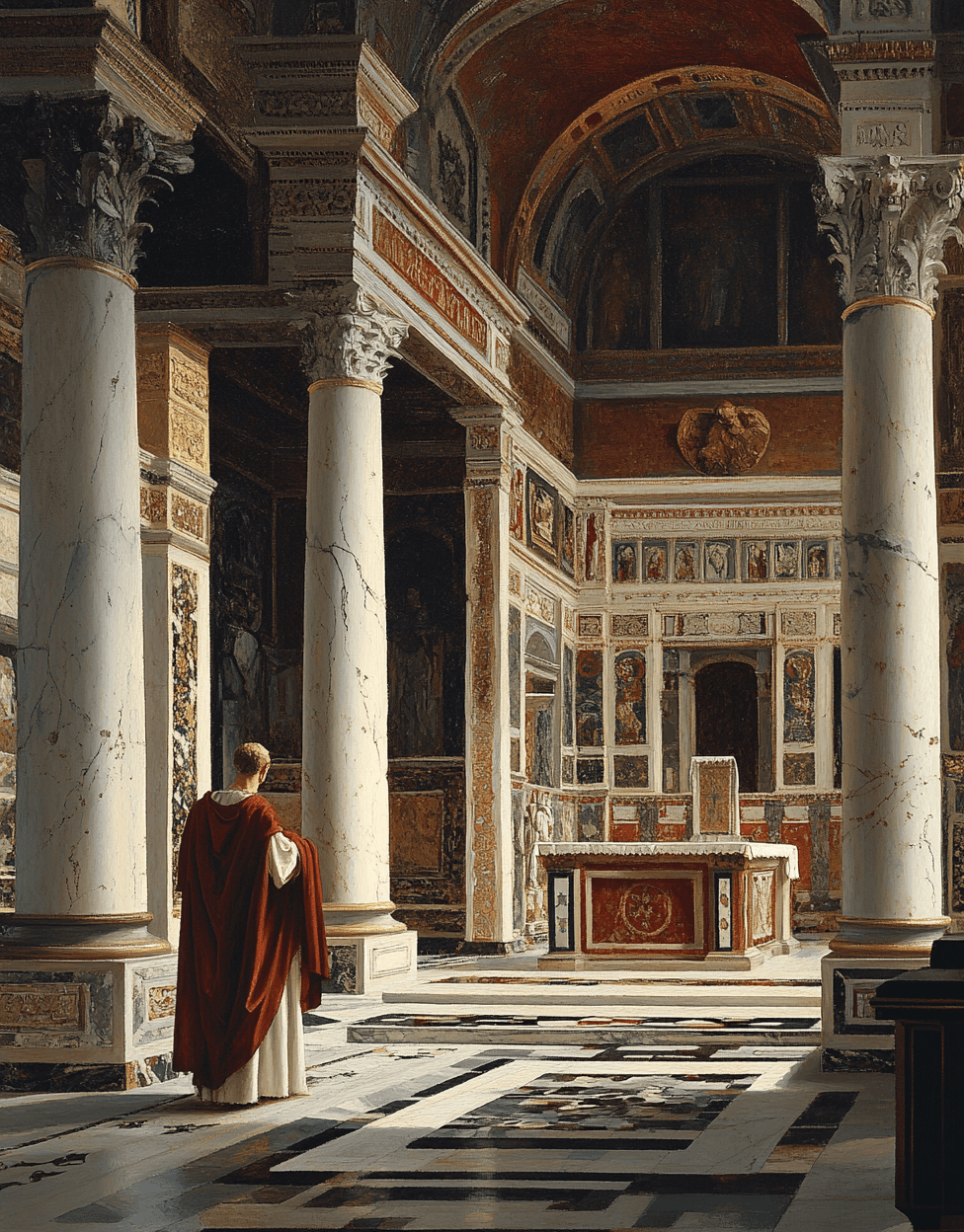 AI generated: An interior of an early Christian church in Rome, with ornate mosaic decorations and an altar surrou...
