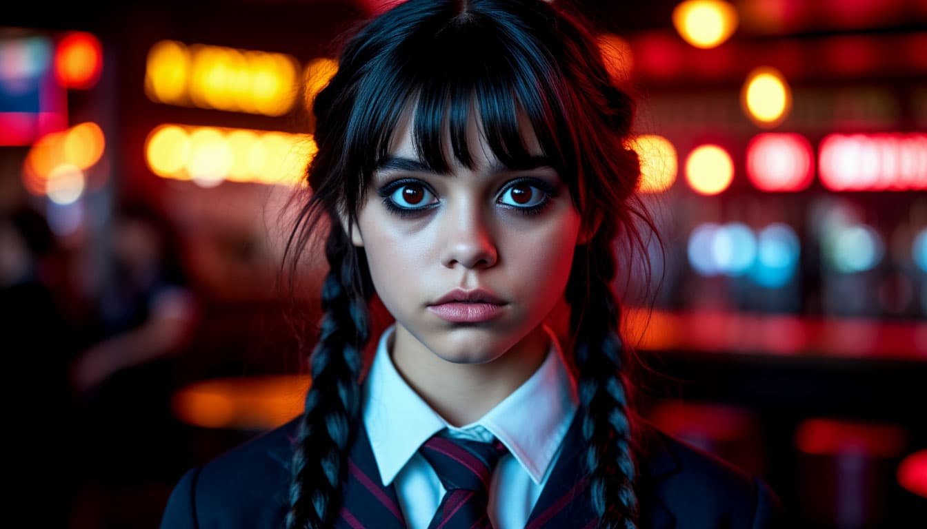 AI generated: 200 mm portrait photograph of Wednesday Addams by Jenna Ortega, beautiful goth charismatic girl, bla...