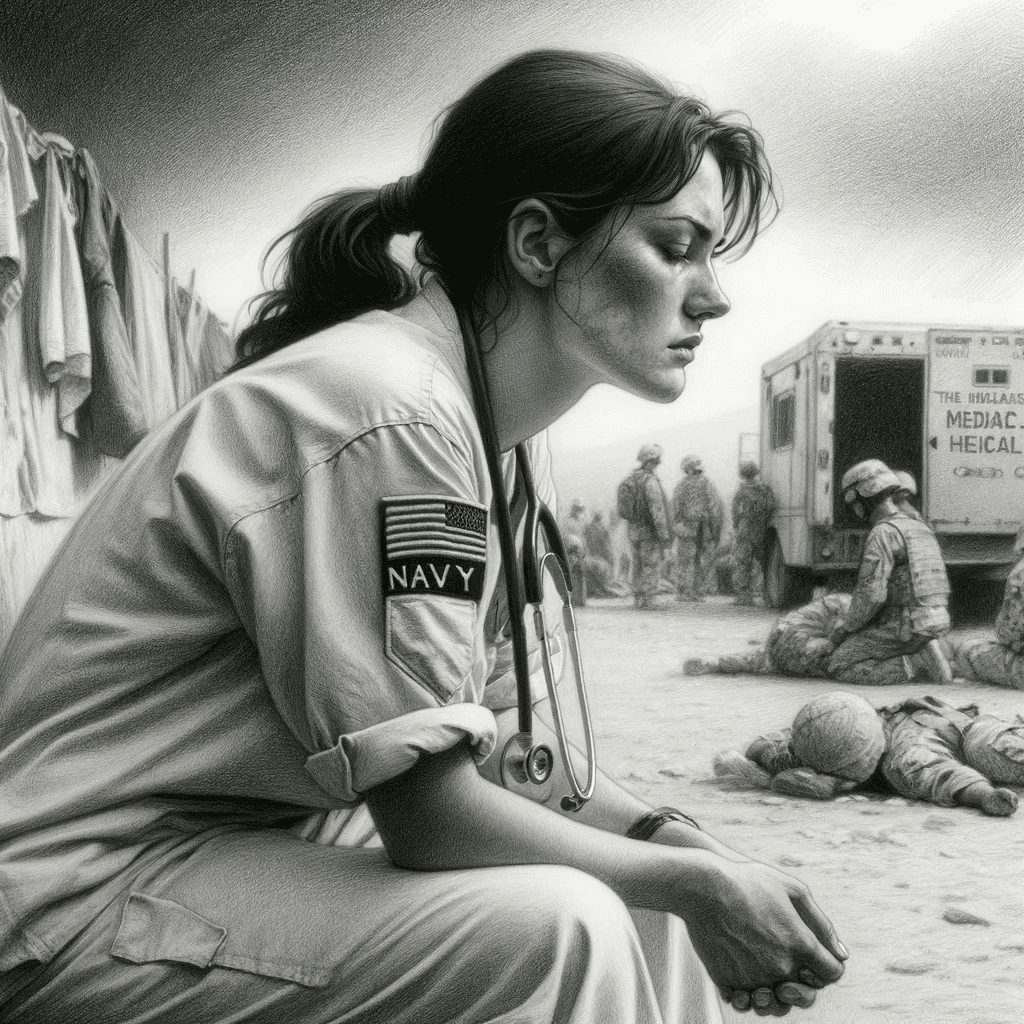 AI generated: DALL·E 2023-11-17 17.03.10 - Pencil drawing, depicting the female Navy nurse during the Afghanistan ...